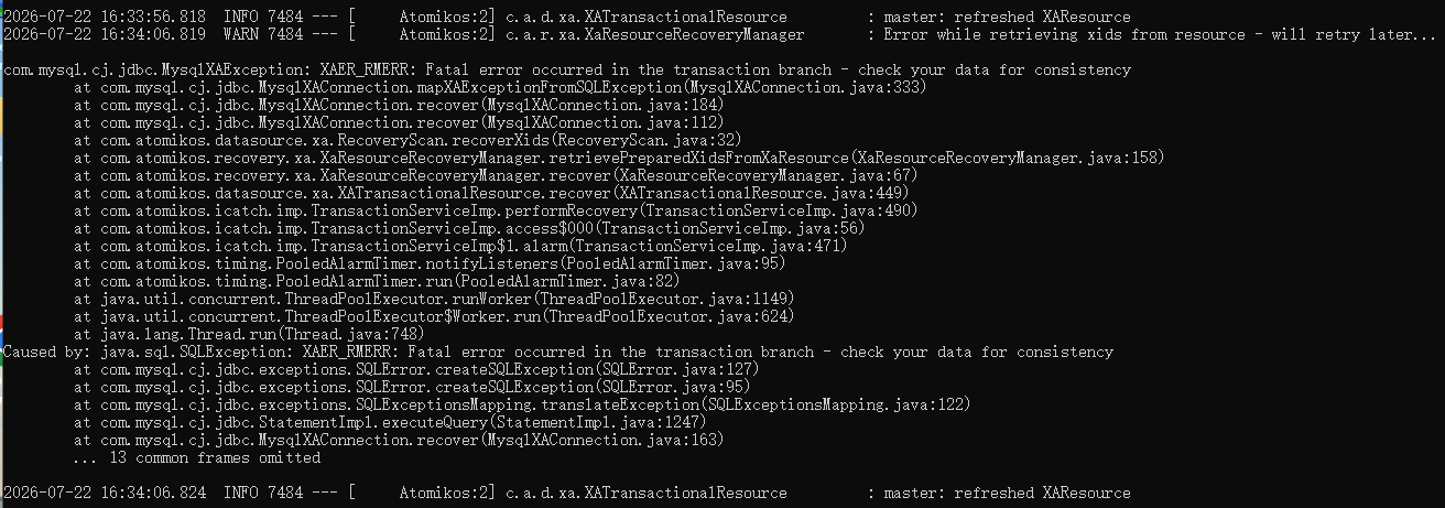 XAER_REMERR: Fatal error occurred in the transaction branch 是一个非常典型的 分布式事务（XA）恢复失败 问题